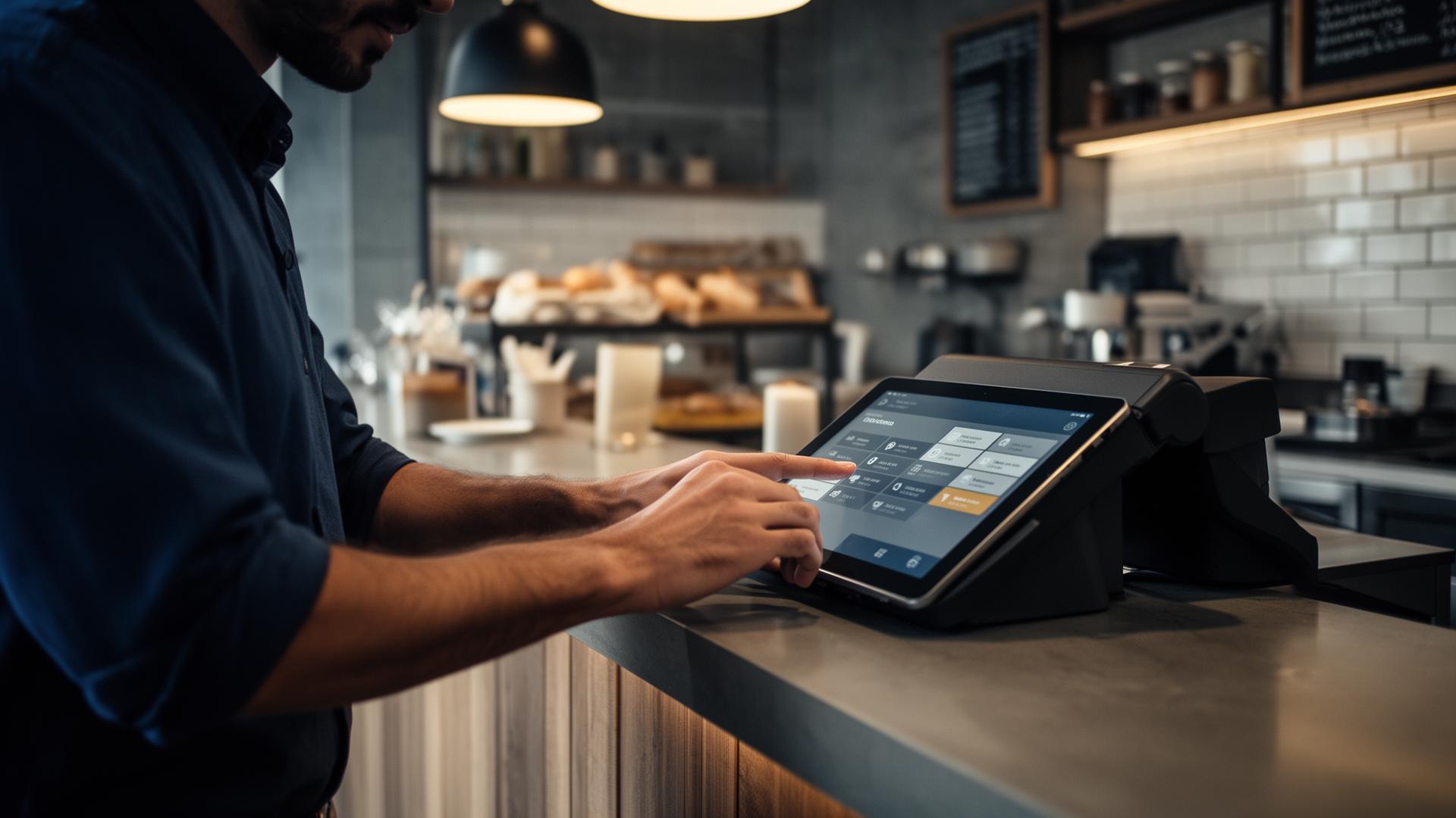 Comerciante operando PDV em estabelecimento de food service